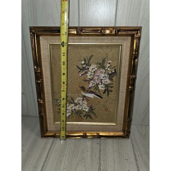 Vtg Asian Chinese Painting Cork Paper Bird Flowers Professionally Framed Signed - Picture 4 of 9